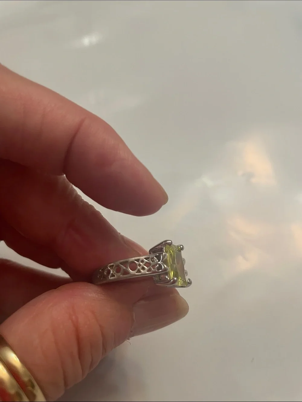 Lia Sophia Silver Ring with Square Lemon-Green Stone